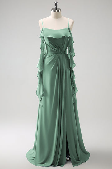 Gris Azul Un Vestido de Dama de Honor Largo de Gasa con Tirantes de Espagueti Azul A con Abertura